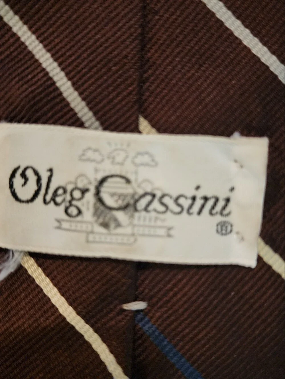 Vintage OLEG CASSINI Men’s Tie Brown Blue Striped Polyester Retro Necktie